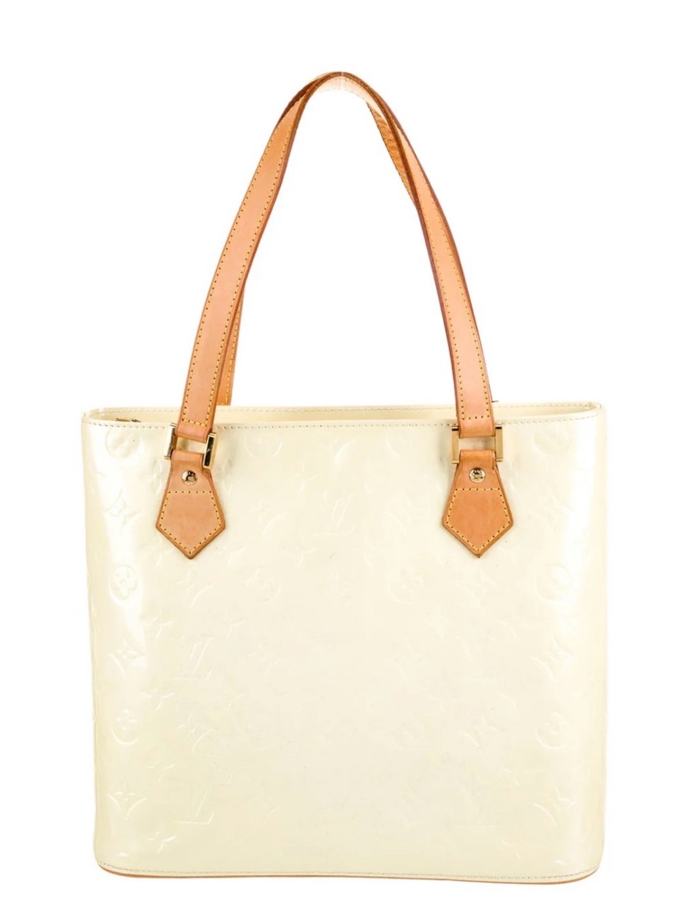 Louis Vuitton Vernis Leather Cream Tote Bag with Tan Handles